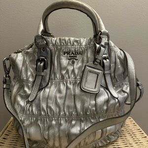Authentic Prada Nappa Gaufre metallic silver leather tote bag with Silver Strap.